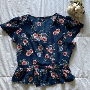Dark Blue and Pink Floral Blouse